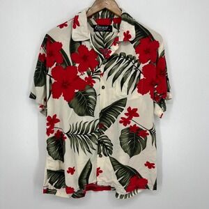 Favant Short Sleeve Button Shirt Men's Size L White Hawaiian Floral Rayon Vtg